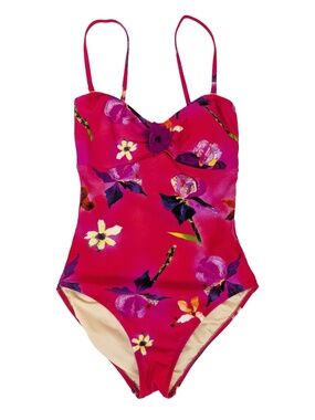 Floral One Piece Bathing Suit Size 10 Medium Red Pink Swim